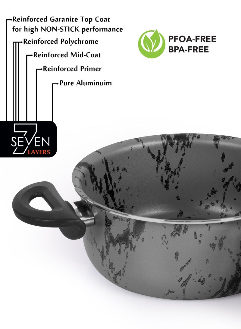 جراندي طقم قدور و مقلايه مطلية بالجرانيت بأسطح مانعة للالتصاق ومقابض باكليت  وأغطية من الستانلس ستيل المقوى وخالية من حمض بيرفلورو الأوكتانويك من 7 قطع رمادي ماريل   16+20+26+20 cm - Image 3